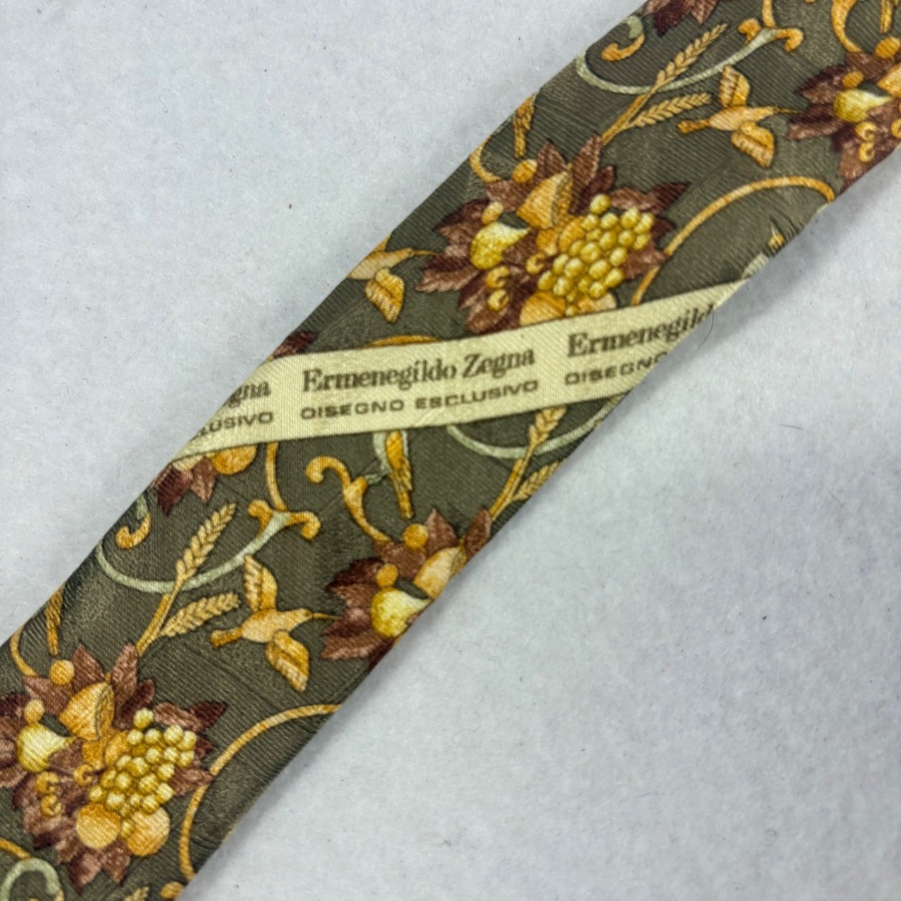 Ermenegildo Zegna Silk Mens Tie Floral Green Gold Italy Old Money 3.5"x59" FLAW - Picture 5 of 10